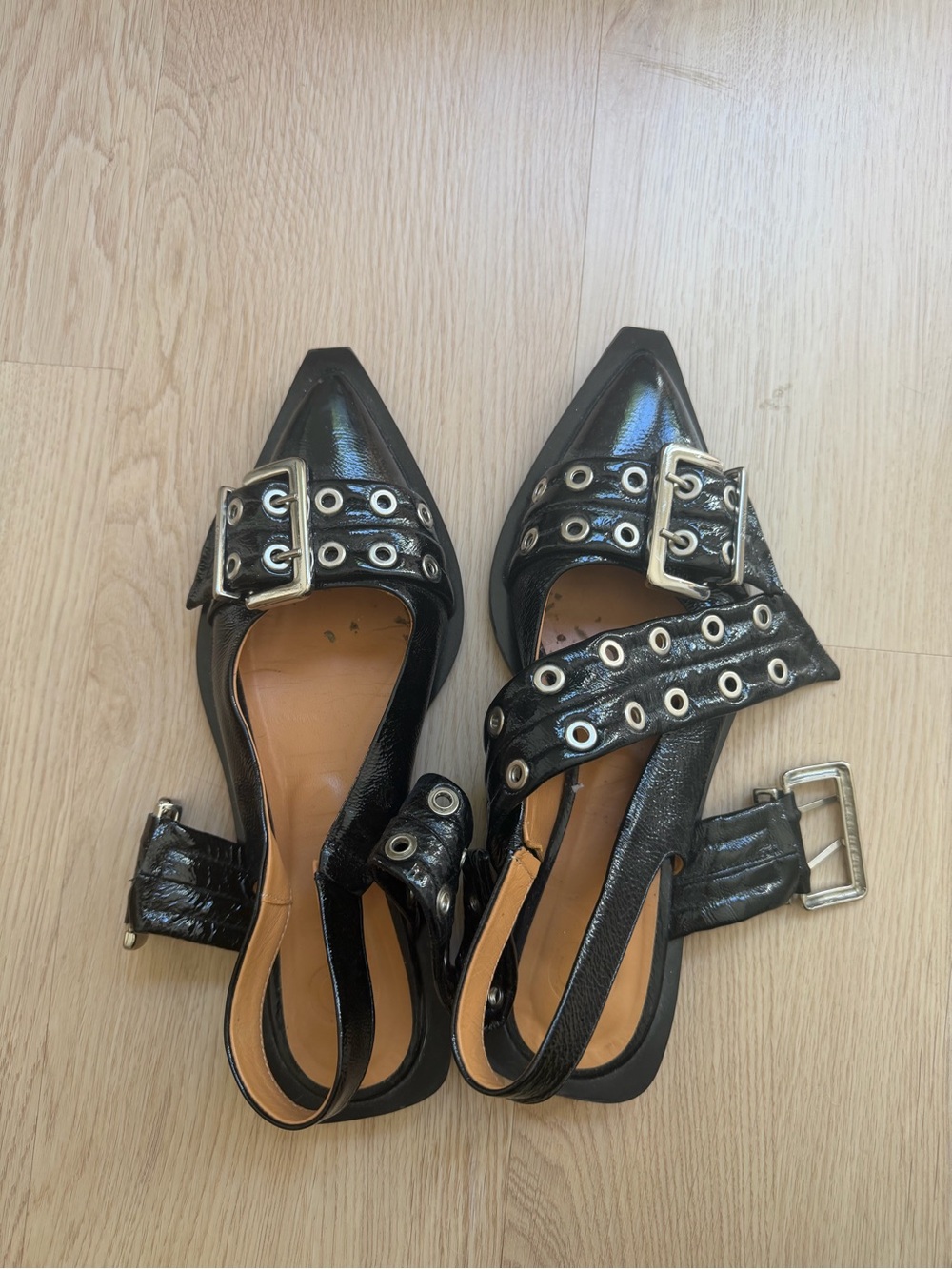 Ganni Black Patent Pointed Slingback Flats with Eyelet Buckle Straps